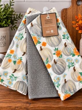 Deborah Connolly Gray Pumpkin & Floral Kitchen Towel Set - 3 Pack
